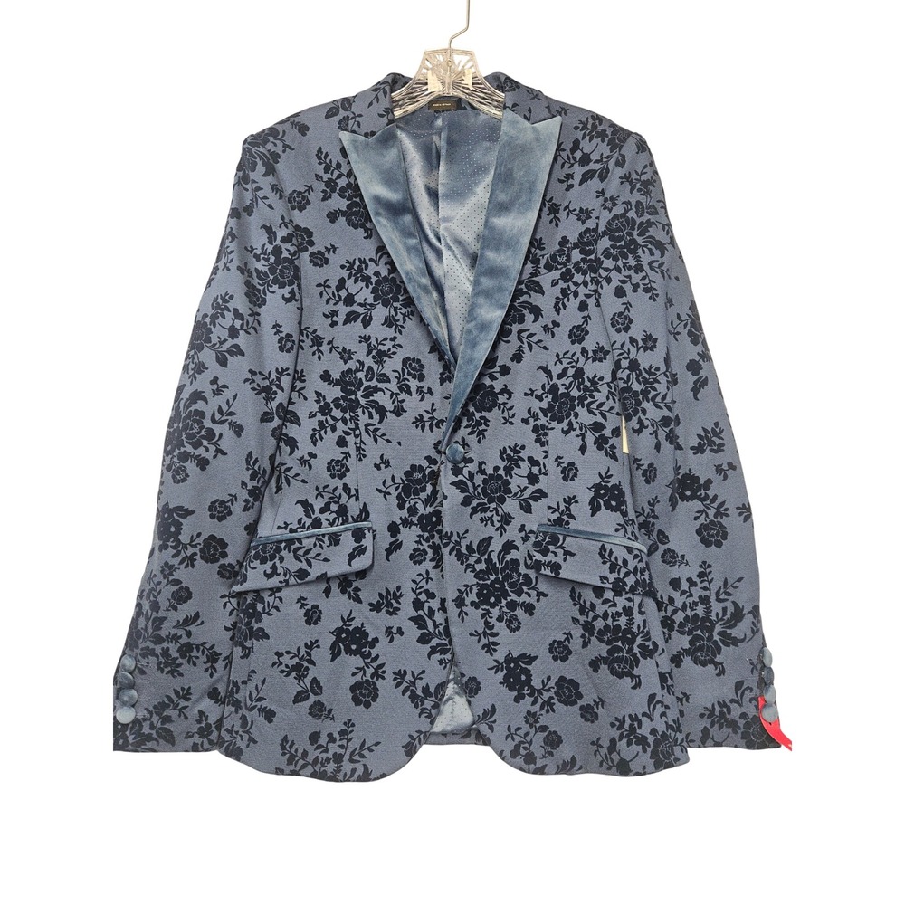 J. Ferrar Evening Edition Mens 36R Slim Fit Teal Floral Velvet Flocked Blazer